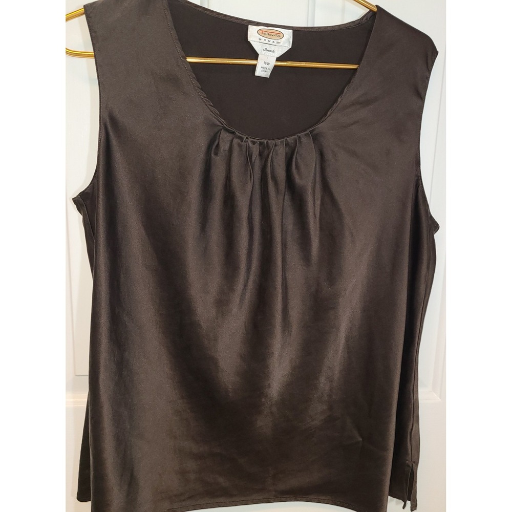 Talbots women brown scoop neck pleated sleeveless silk top 16W Career Workwear